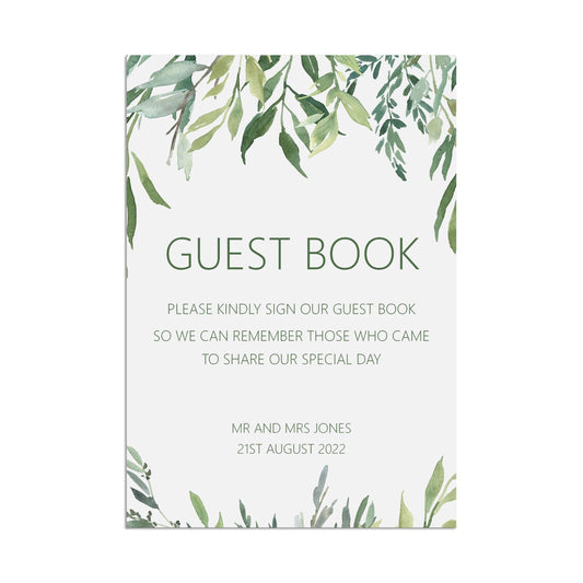 Wedding Sign - Greenery Guest Book - Personalised & Printed A5, A4 Or A3
