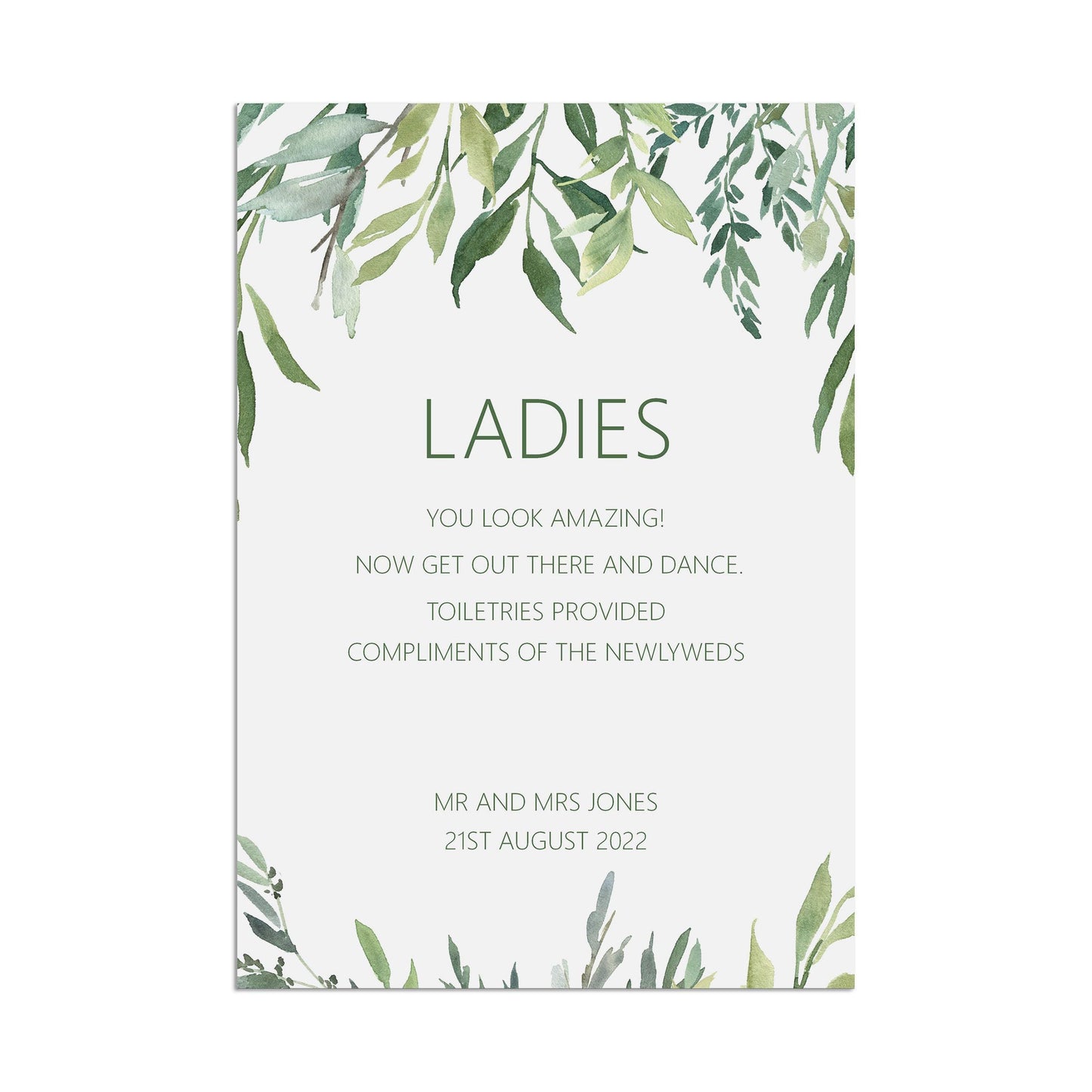 Wedding Sign - Greenery Ladies Toiletries - Personalised & Printed A5, A4 Or A3