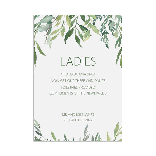 Wedding Sign - Greenery Ladies Toiletries - Personalised & Printed A5, A4 Or A3