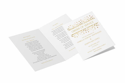 Order of Service 4, 8 Or 12 Page Booklet, Gold Confetti A5 Fully Printed For Marriage Service