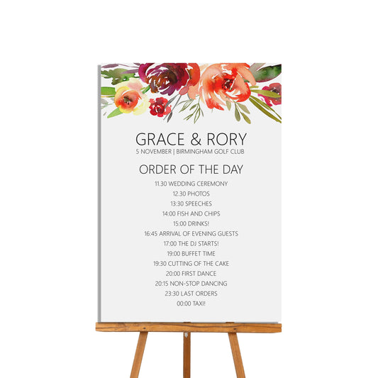 Red Floral Printed Wedding - Order Of The Day - Timeline Of Events A4 or A3 Sign