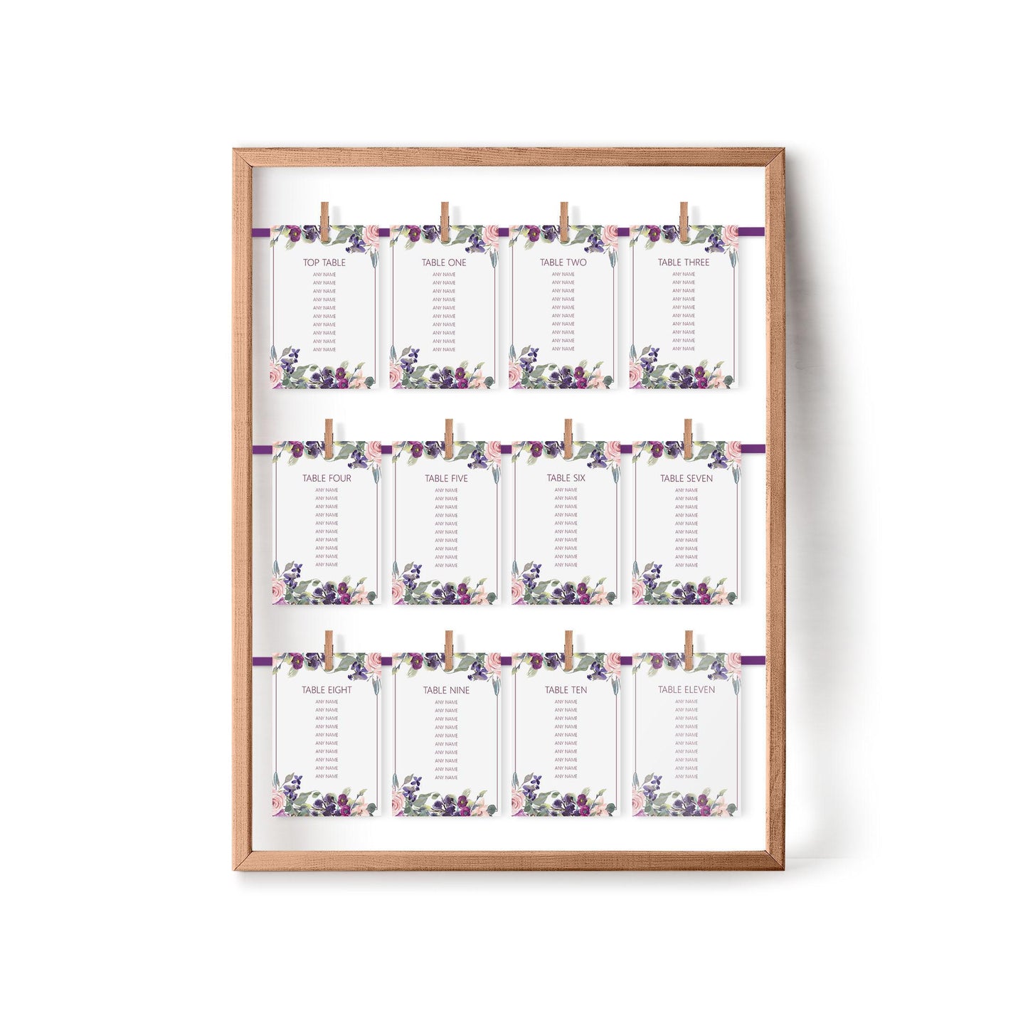 Purple Floral Wedding Table Plan Seating Hanging Cards - 3 Sizes Available