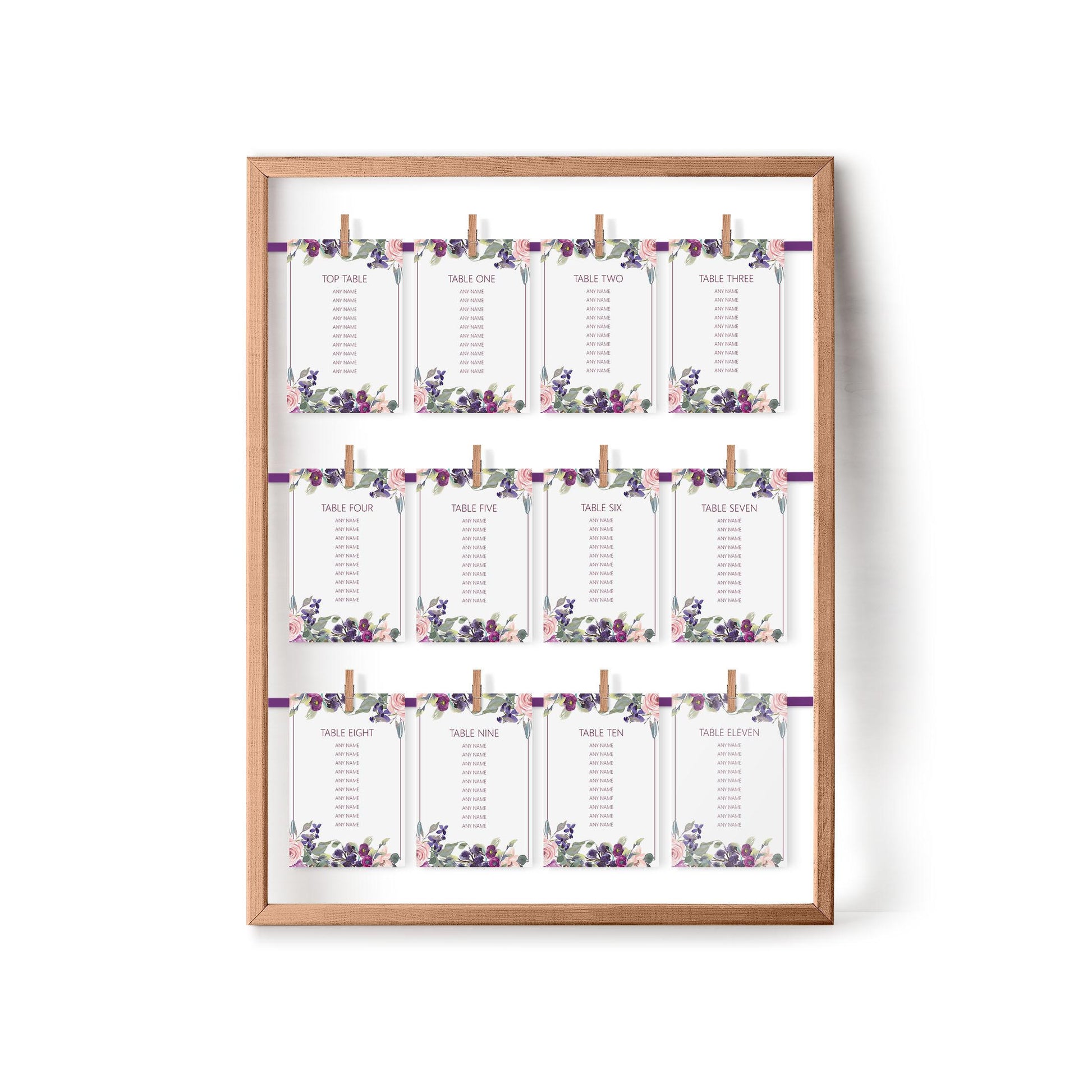 Purple Floral Wedding Table Plan Seating Hanging Cards - 3 Sizes Available