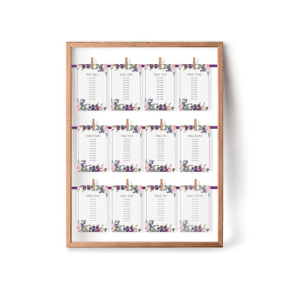 Purple Floral Wedding Table Plan Seating Hanging Cards - 3 Sizes Available
