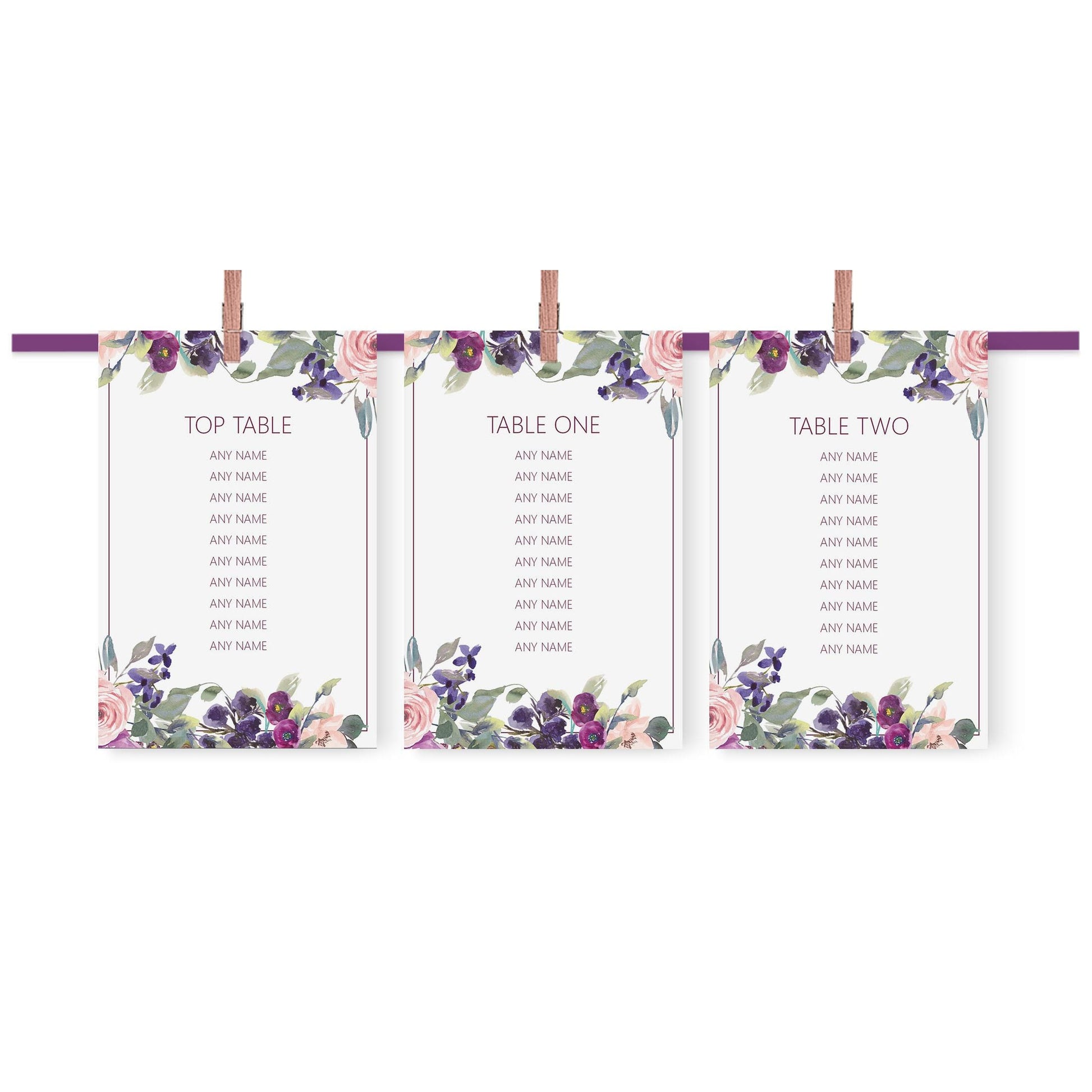 Purple Floral Wedding Table Plan Seating Hanging Cards - 3 Sizes Available