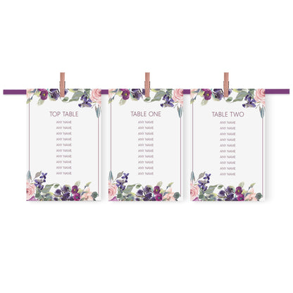 Purple Floral Wedding Table Plan Seating Hanging Cards - 3 Sizes Available