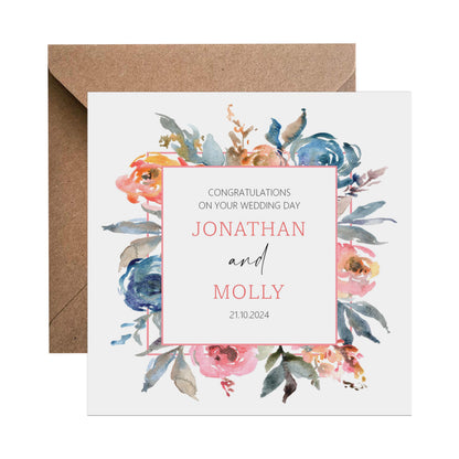 Personalised Wedding Day Card - Personalised With Names & Wedding Date, Blue Orange Floral Design - PMPrinted