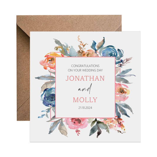 Personalised Wedding Day Card - Personalised With Names & Wedding Date, Blue Orange Floral Design - PMPrinted