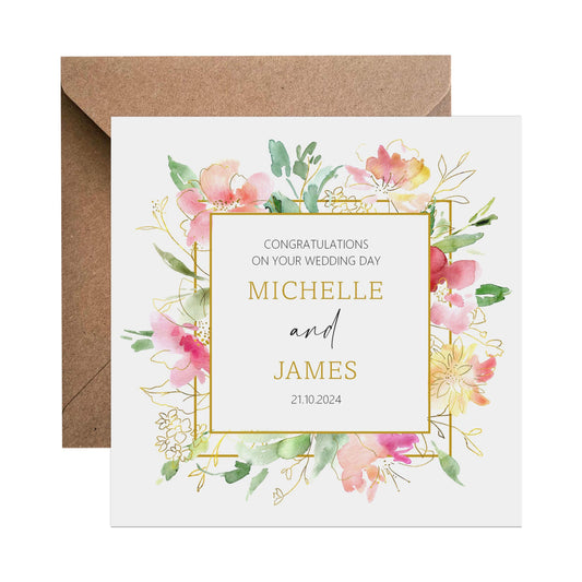 Personalised Wedding Day Card - Personalised With Names & Wedding Date, Pink Gold Floral Design - PMPrinted