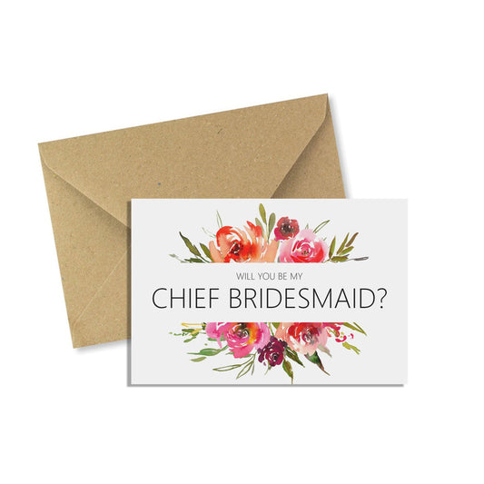 Red Floral Will You Be My Chief Bridesmaid? A6 Proposal Card With Kraft Envelope