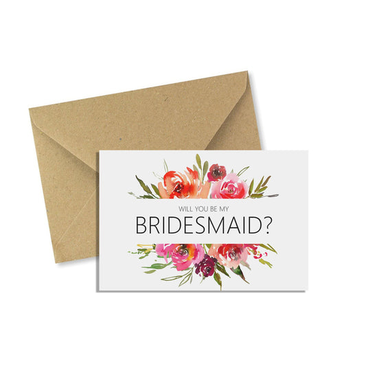 Red Floral Will You Be My Bridesmaid? A6 Proposal Card With Kraft Envelope
