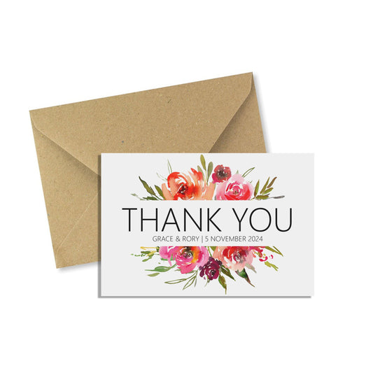 Red Floral Thank You Cards Personalised From Newlyweds Card - Multipack A6 With Kraft Envelopes, Pack Of 10