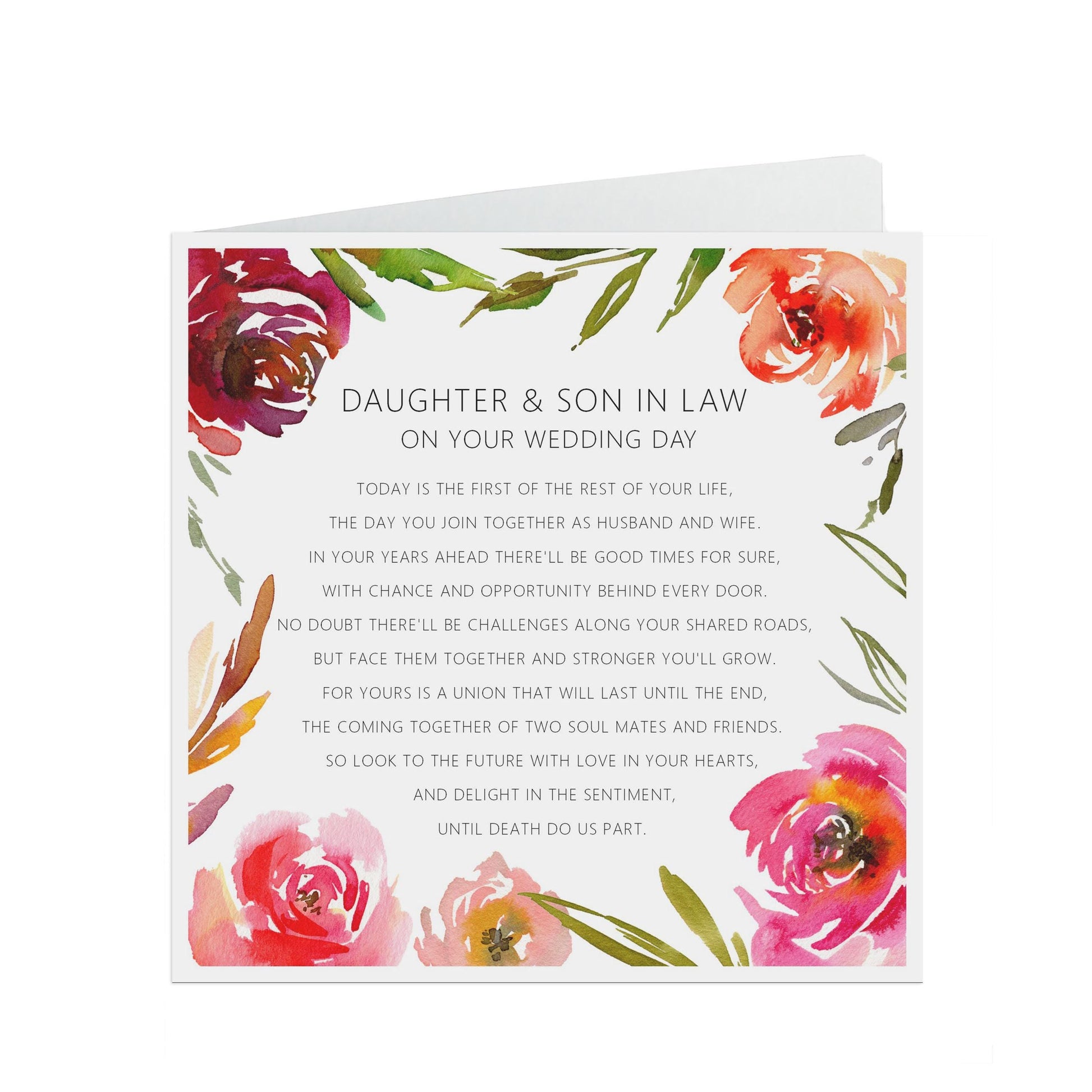 Red Floral Daughter & Son In Law On Your Wedding Day Card - 6x6 Inches With A Kraft Envelope