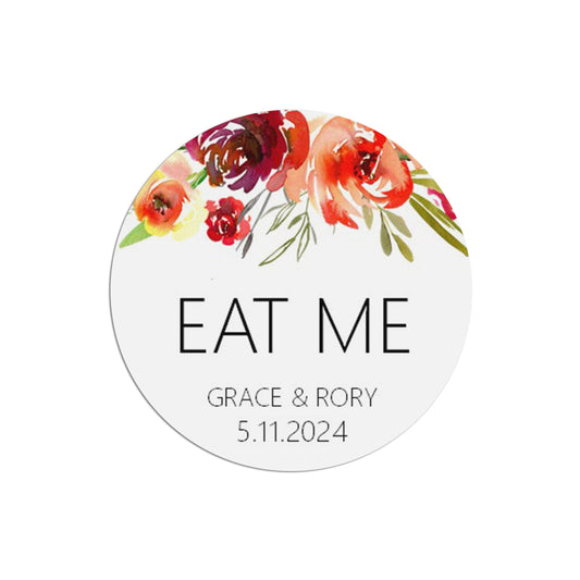 Wedding Favour Stickers, Red Floral 'Eat Me' Personalised - 35 Stickers Per Sheet, 37mm Round.