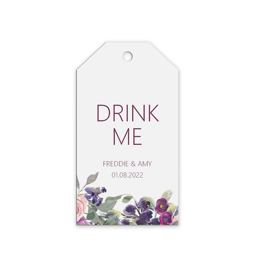 Drink Me Wedding Gift Tags, Purple Floral Personalised Pack Of 10