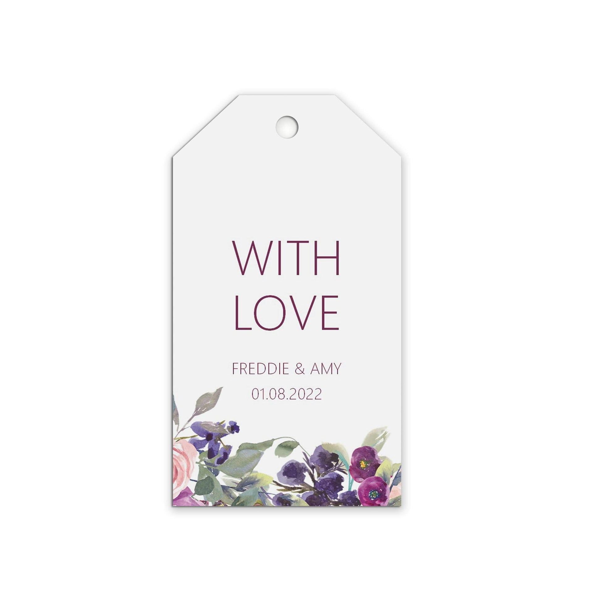 With Love Wedding Gift Tags, Purple Floral Personalised Pack Of 10