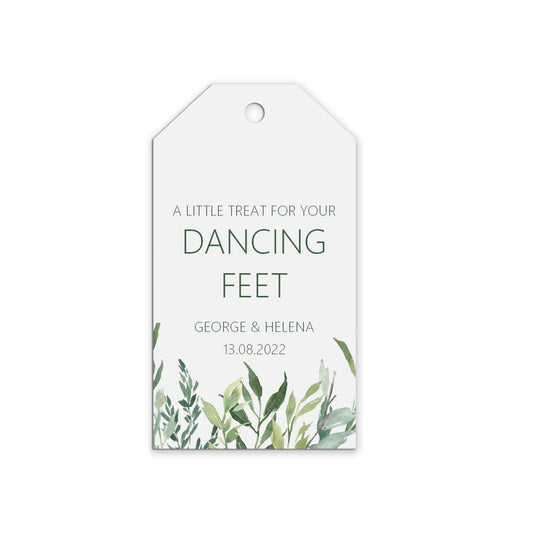 Wedding Favour Gift Tags, Dancing Feet Flip Flop Tags, Greenery Design Personalised and Printed
