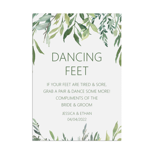 Wedding Sign - Greenery Dancing Feet Flip Flop -Personalised & Printed A5, A4 Or A3