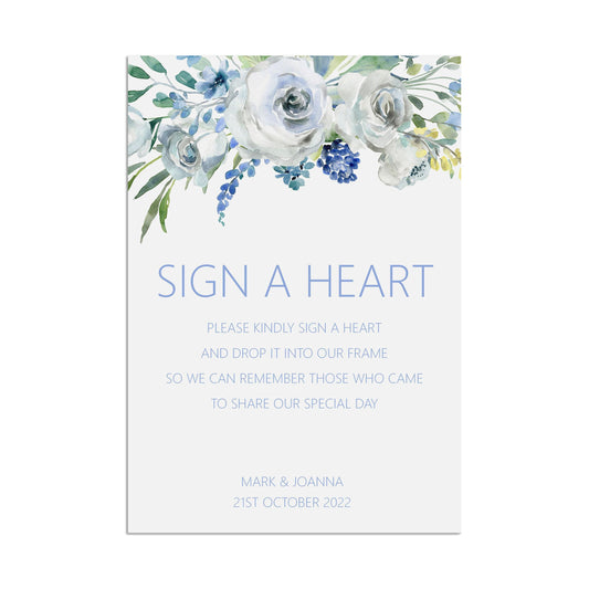 Wedding Sign - Blue Floral Sign A Heart -Personalised & Printed, A5, A4, Or A3