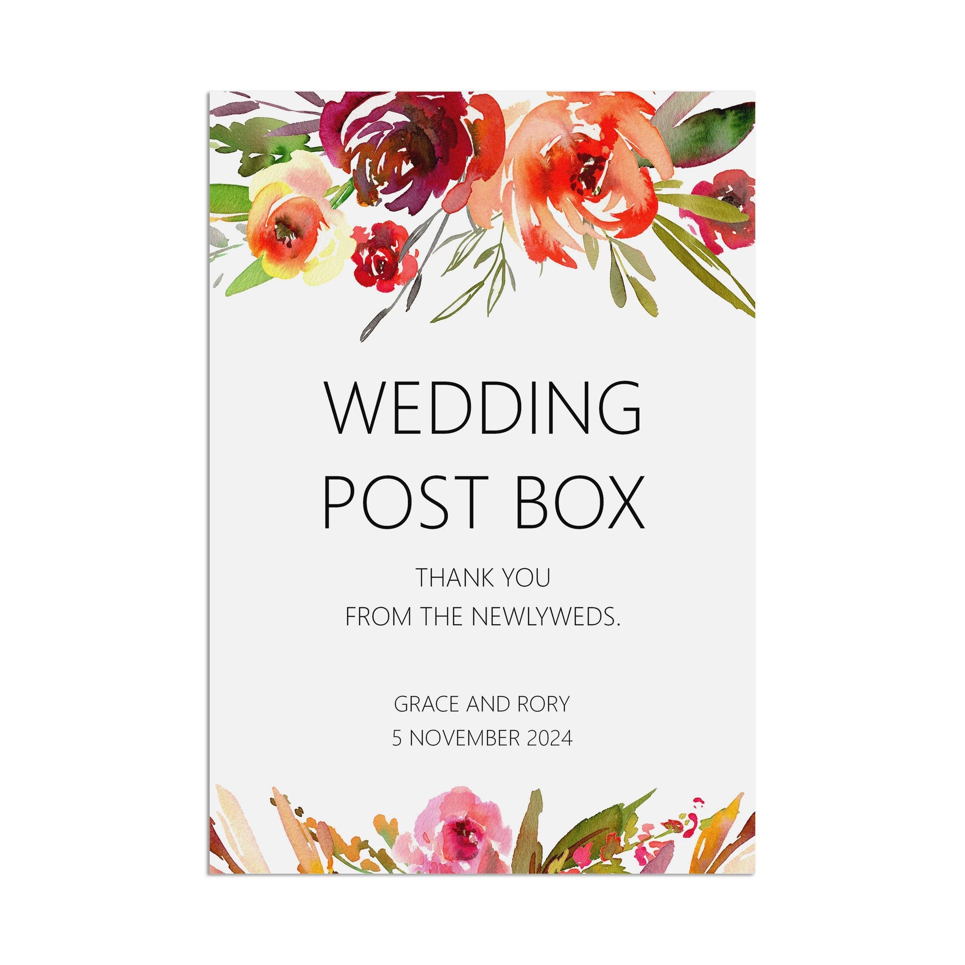 Wedding Sign - Red Floral Wedding Post Box Sign - Personalised & Printed A5, A4 Or A3