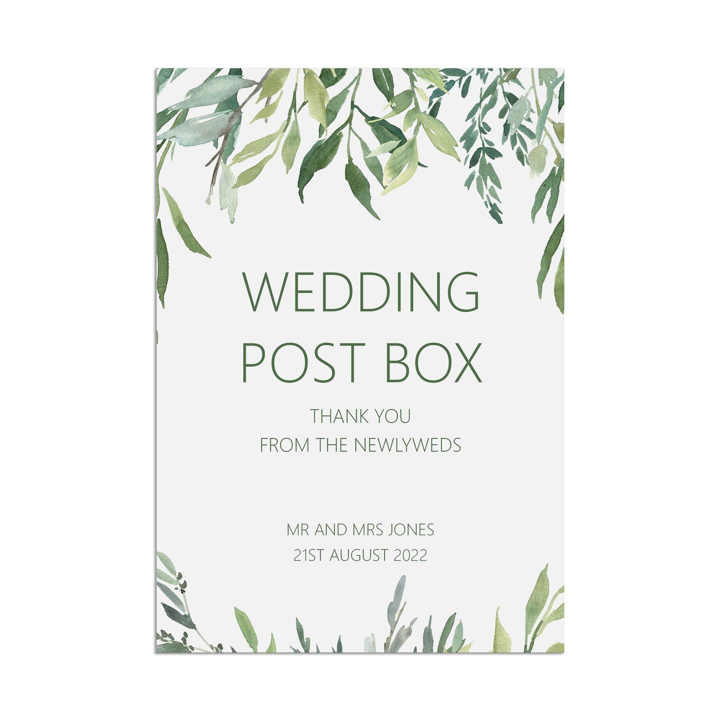 Wedding Sign - Greenery Wedding Post Box Sign - Personalised & Printed A5, A4 Or A3