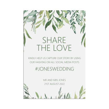 Wedding Sign - Greenery Hashtag Social Media - Personalised & Printed A5, A4 Or A3