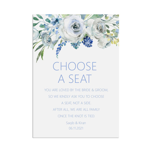 Wedding Sign - Blue Floral Choose A Seat Ceremony - Personalised & Printed A5, A4, Or A3