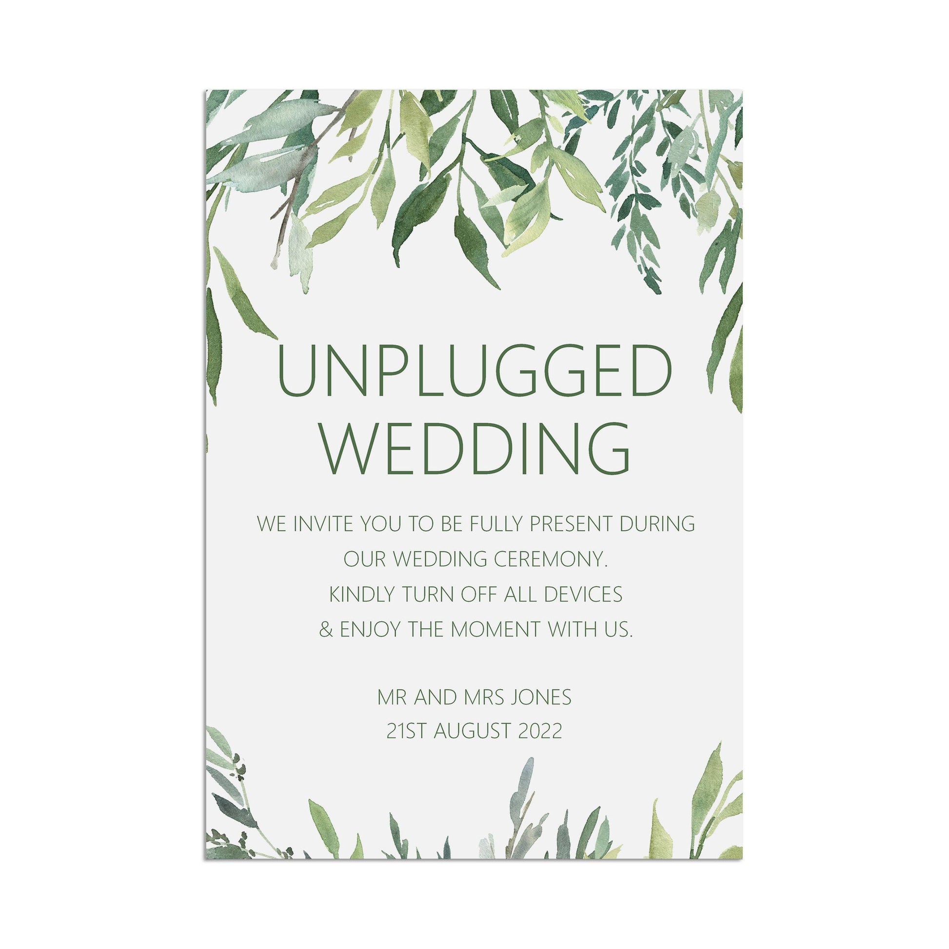 Wedding Sign - Greenery Unplugged Ceremony - Personalised & Printed A5, A4 Or A3