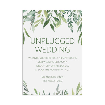 Wedding Sign - Greenery Unplugged Ceremony - Personalised & Printed A5, A4 Or A3