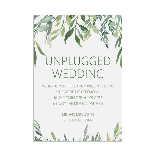Wedding Sign - Greenery Unplugged Ceremony - Personalised & Printed A5, A4 Or A3