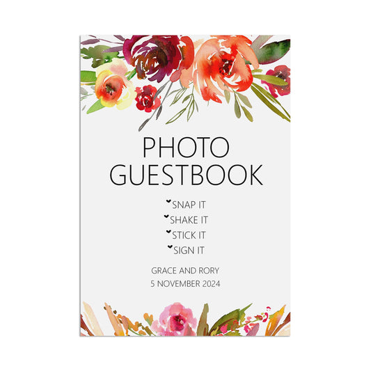 Wedding Sign - Red Floral Photo Guest Book -,Personalised & Printed A5, A4 Or A3
