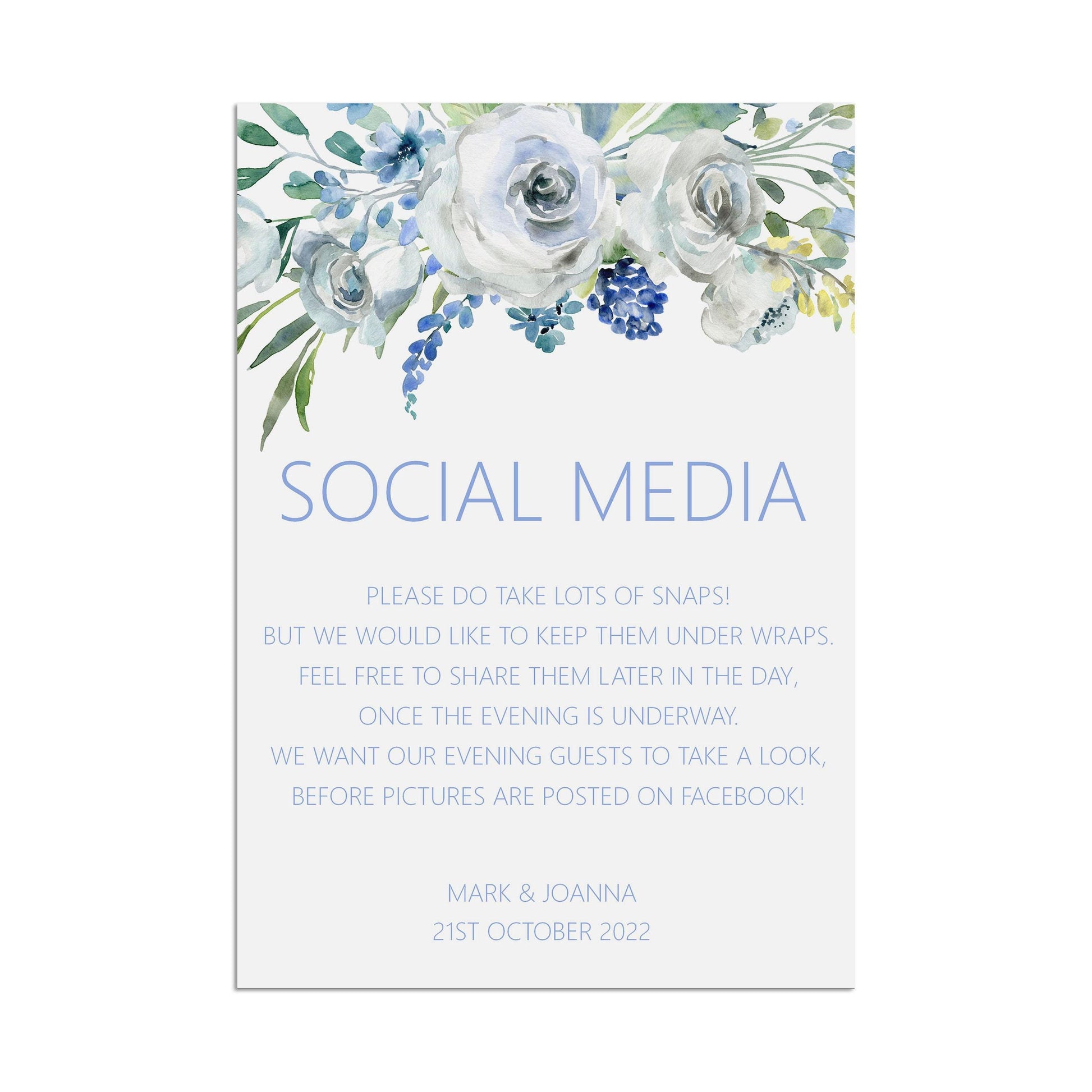 Wedding Sign - Blue Floral Social Media - Personalised & Printed, A5, A4, Or A3