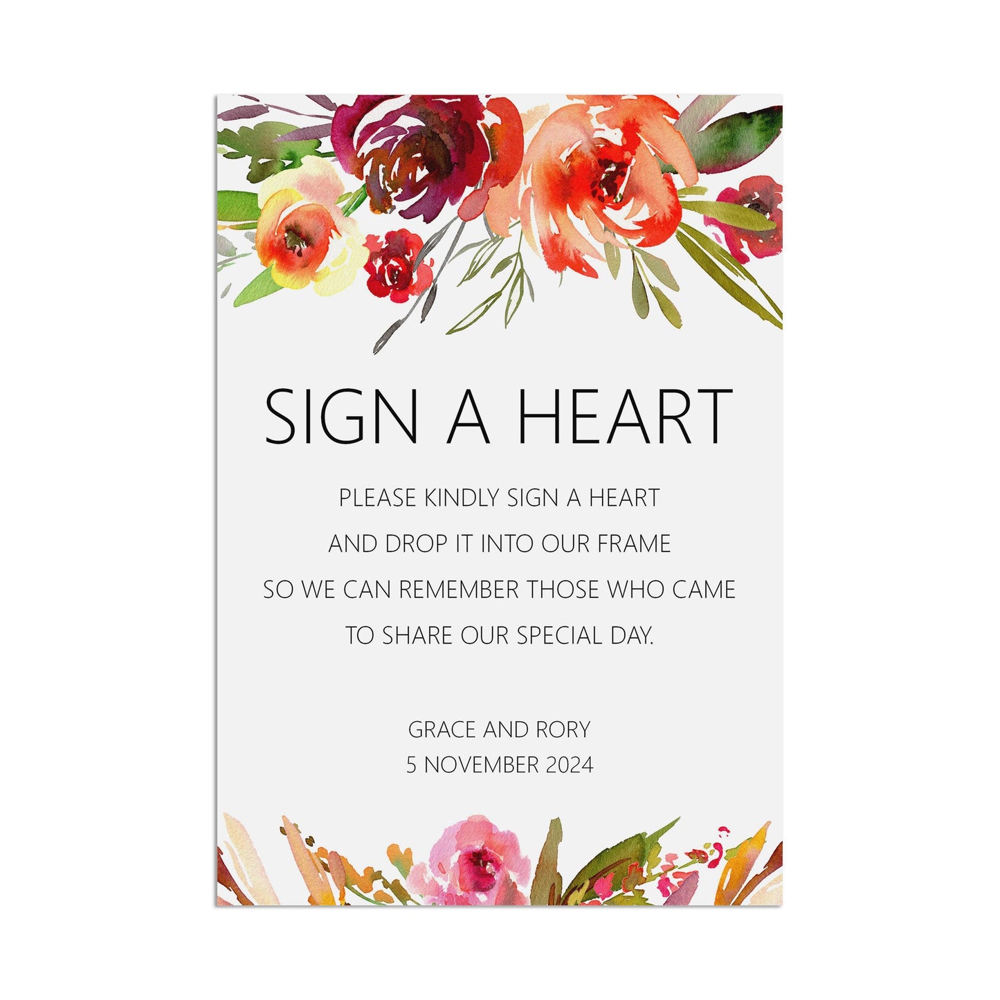 Wedding Sign - Red Floral Sign A Heart Drop Box - Personalised & Printed A5, A4 Or A3
