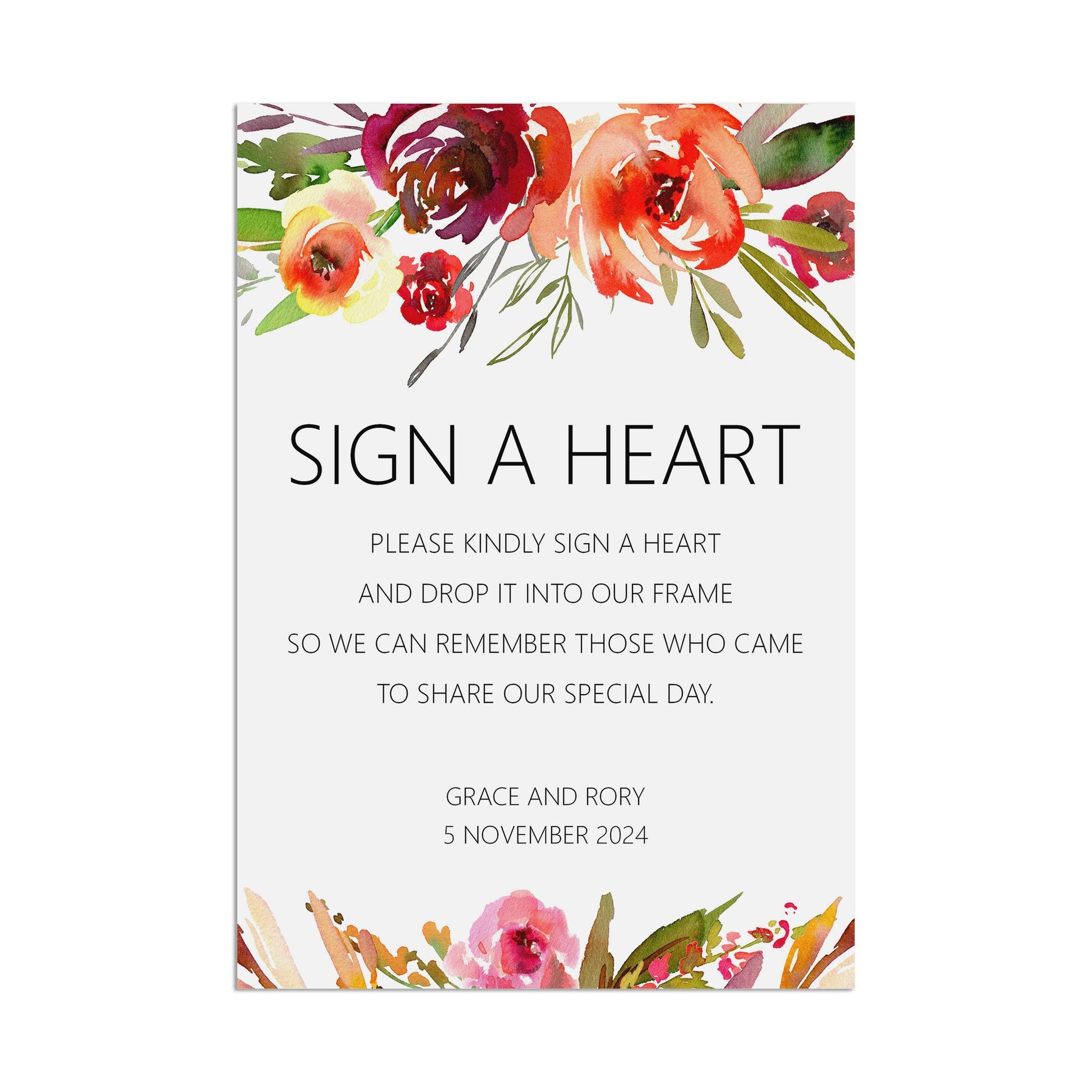 Wedding Sign - Red Floral Sign A Heart Drop Box - Personalised & Printed A5, A4 Or A3