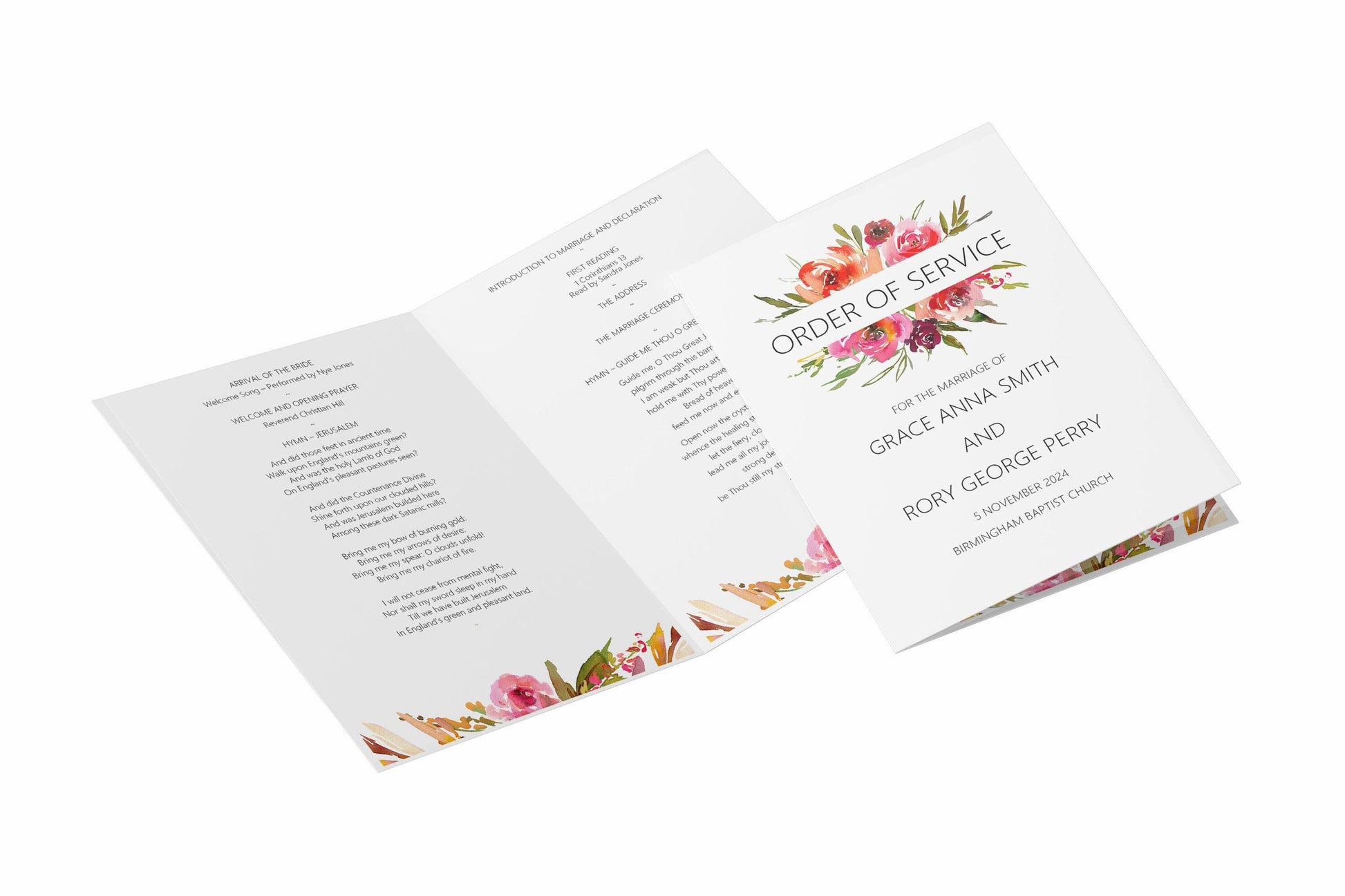 Red Floral Printed Order Of Service 4, 8 Or 12 Page Booklet For Marriage Service