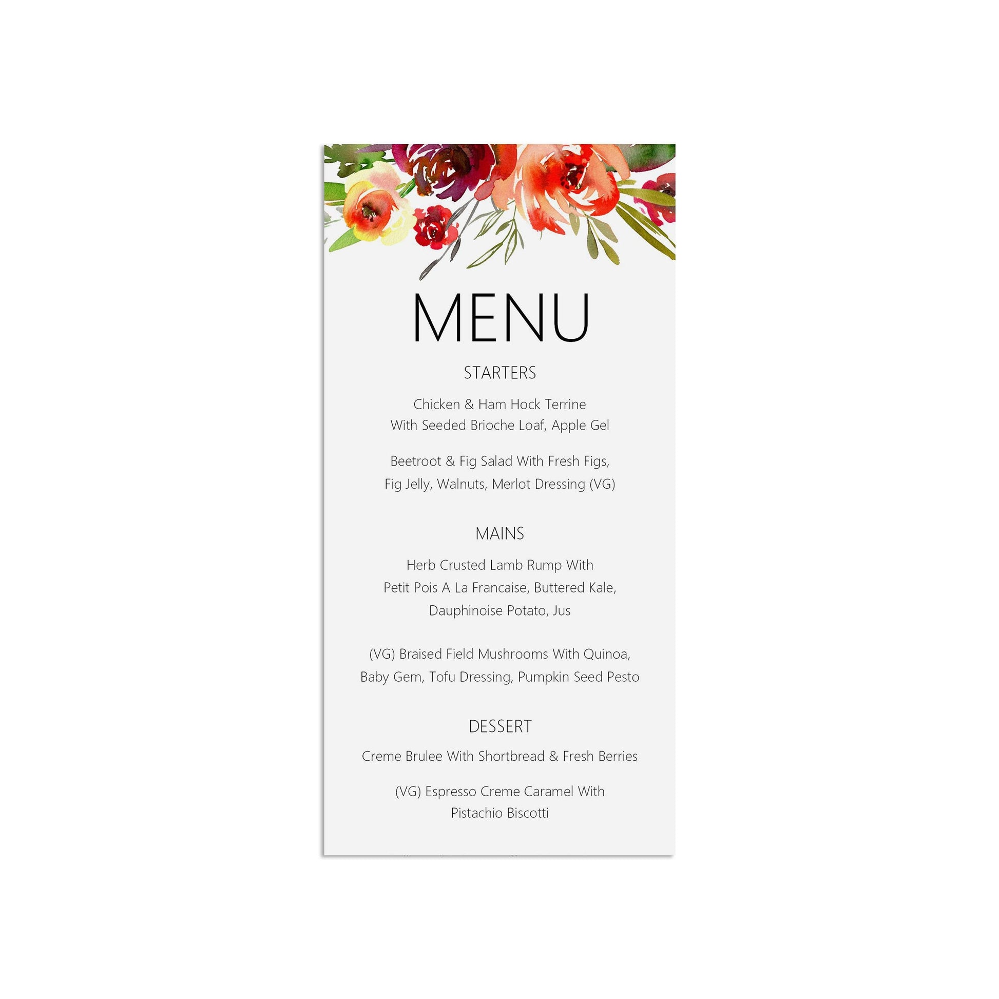 Red Floral Wedding Breakfast Menu Cards, Personalised & Printed Menu - Sold In Packs Of 10