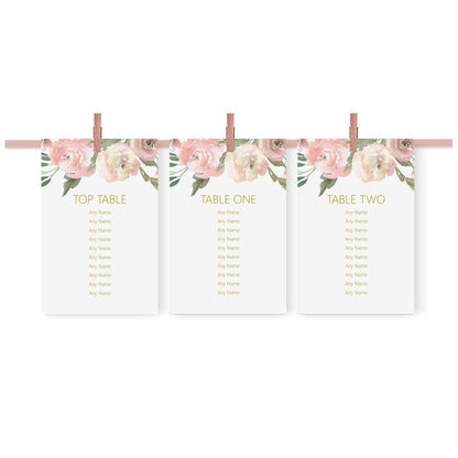 Hanging Table Plan Cards - Blush Floral