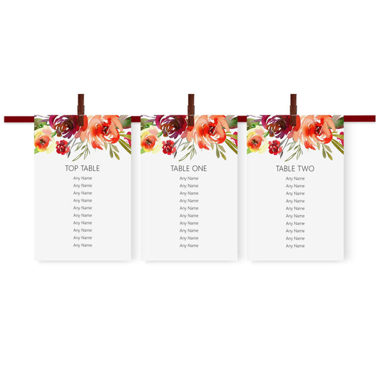 Red Floral Wedding Table Plan Seating Cards - Personalised & Printed A6, A5 Or 5x7 Inches Hanging Table Cards.