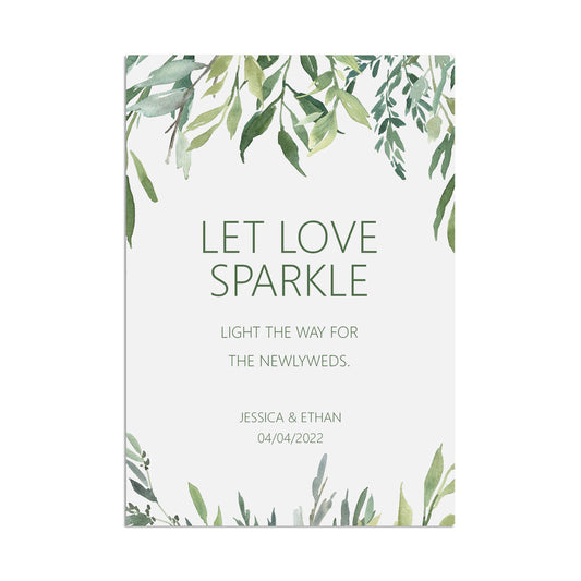 Wedding Sign - Greenery Let Love Sparkle - Personalised & Printed A5, A4 Or A3