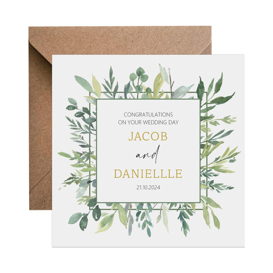 Personalised Wedding Day Card - Personalised With Names & Wedding Date, Greenery Design - PMPrinted