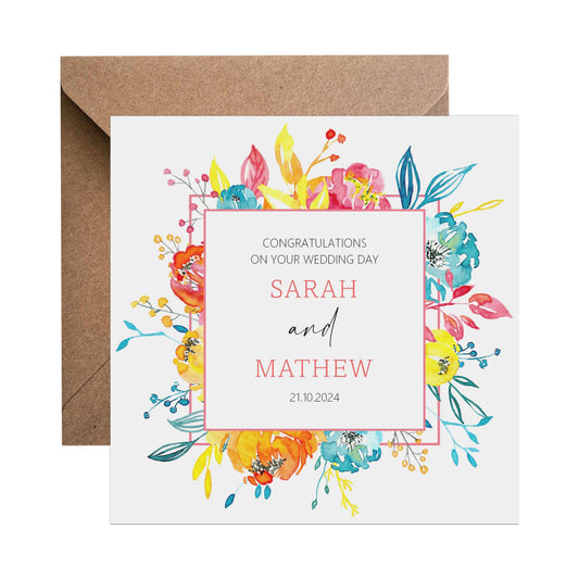 Personalised Wedding Day Card - Personalised With Names & Wedding Date, Colourful Floral Design - PMPrinted