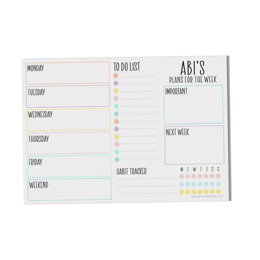 Personalised Weekly Planner, Personalised Organisation Planner A4 with 52 undated tear off pages