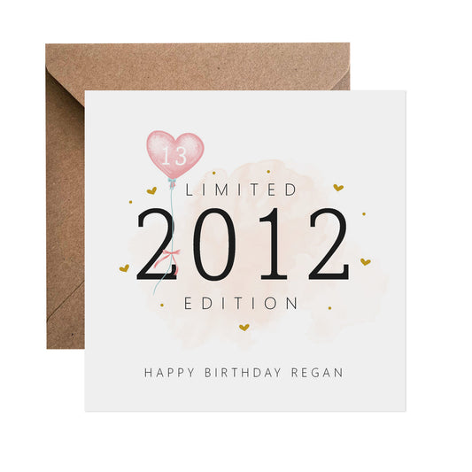 13th Birthday Card - Personalised Thirteen Limited Edition Pink
