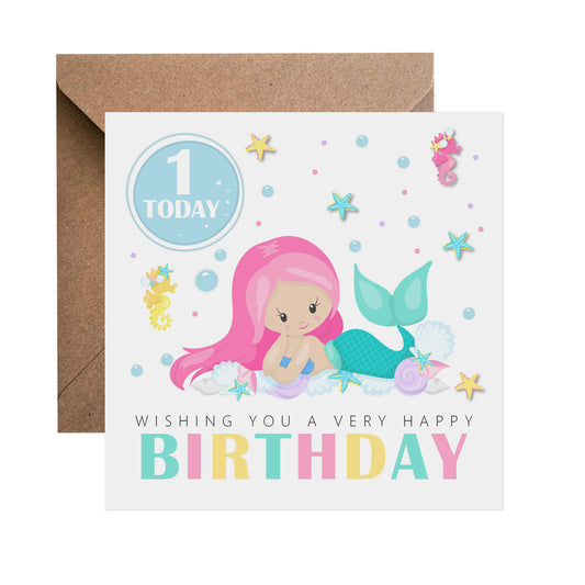 1st Birthday Card - Mermaid