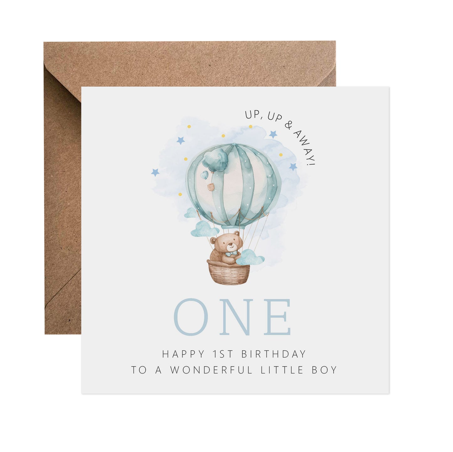 1st Birthday Card - Blue Teddy In Hot Air Balloon