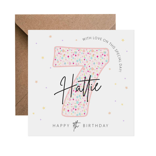 7th Birthday Card - Personalised Pink Pastel