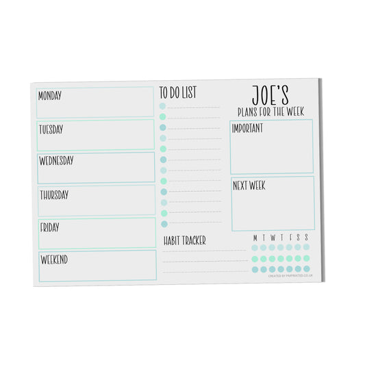 Personalised Weekly Planner, Personalised Organisation Planner A4 with Aqua design 52 undated tear off pages