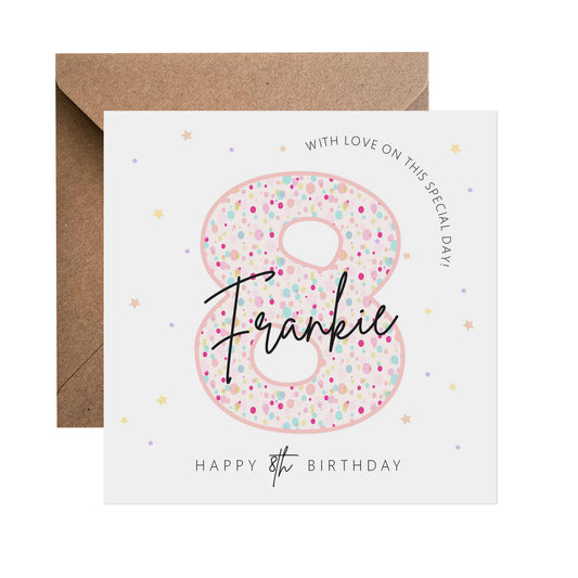 8th Birthday Card - Personalised Pink Pastel