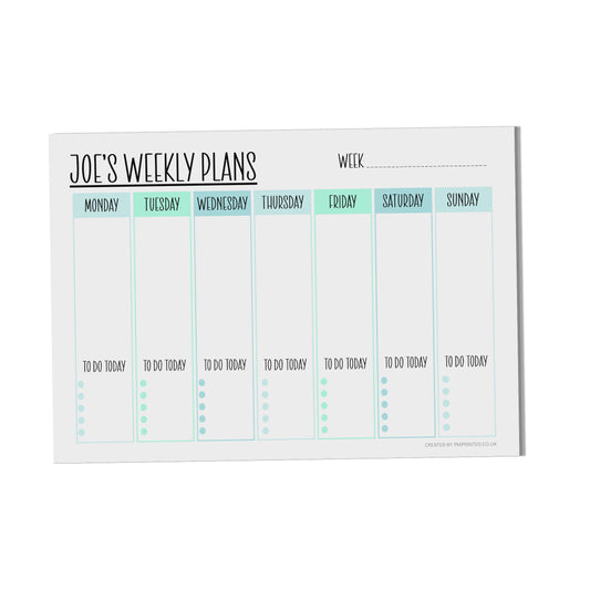 Personalised Aqua Weekly Planner, Personalised Organisation Planner A4 With 52 Undated Tear Off Pages