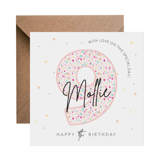 9th Birthday Card - Personalised Pink Pastel